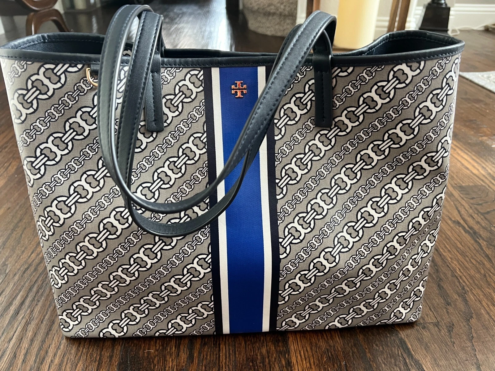 TORY BURCH PVC Borsa Tote Donna Monogramma Blu & Grigio Doppie Cinturini GRANDE