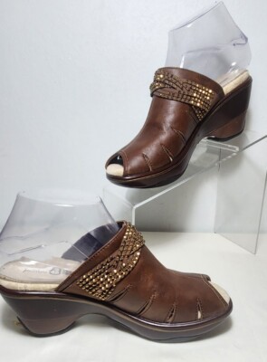 Jambu Brown Vegan Leather Comfort Peep Toe Bling Slip On Shoes Mules Clogs 