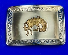 Vintage Nickel Silver End Of The Trail Horse In Saddle Western Belt Buckle