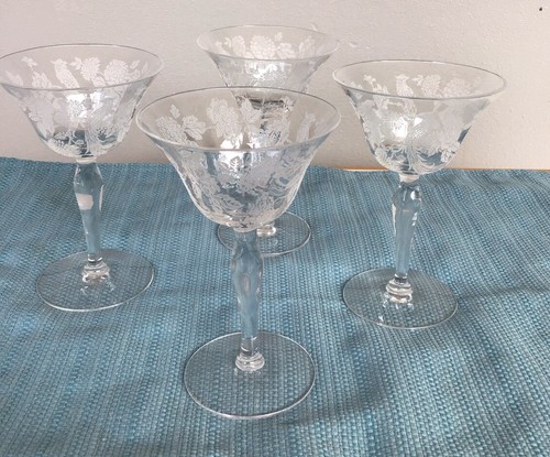 4 Morgantown Cathay Crystal Cocktail Etched Goblets 5” High Peacock Bird 1945 - Picture 4 of 14