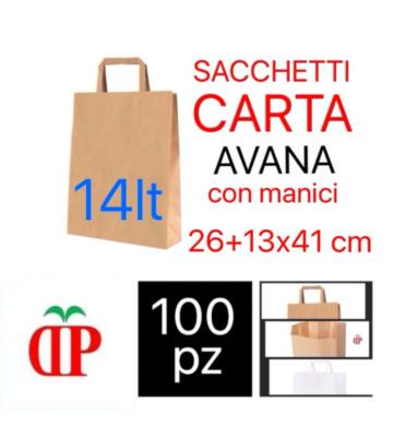 100 SACCHETTI CARTA AVANA CON MANICI SHOPPER BUSTE DI CARTA 26+