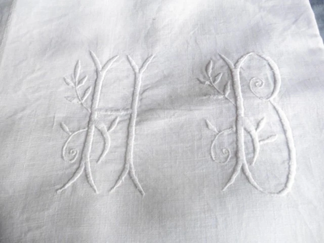 ANCIEN DRAP LIN BLANC"HB"COUTURE CENTRALE OURLETS MAIN 200X290"1900" - Photo 4/4