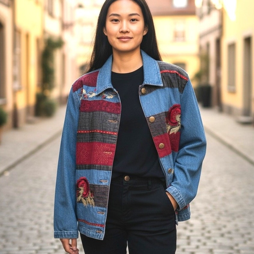 Vintage Patchwork Jean Jacket Blazer Embroidered … - image 1