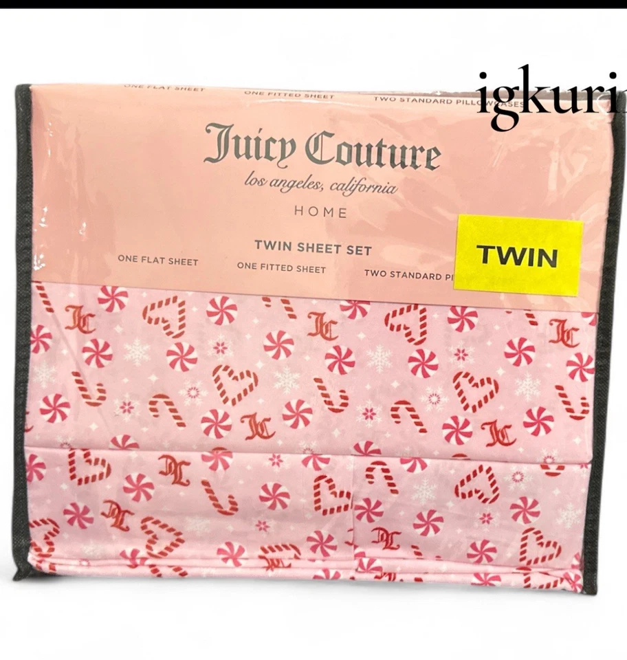 Juicy Couture Christmas Candy Cane Hearts Twin 4pc Bedding Sheet Set pink new - Image 2 of 4