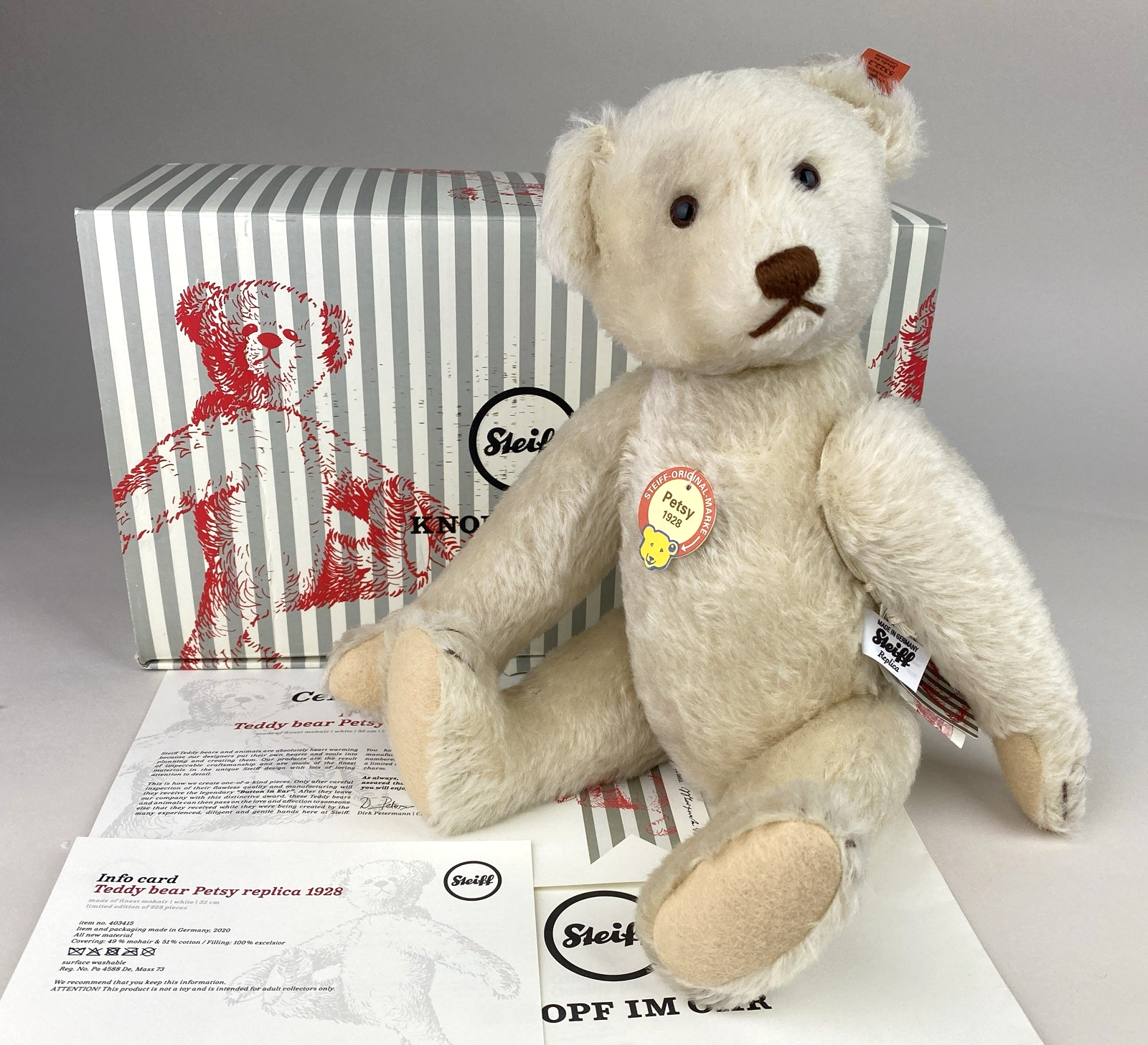 Steiff 2020 - Teddy Bear Petsy Replica 1928 - Ltd Ed. 32cm, White Mohair #403415