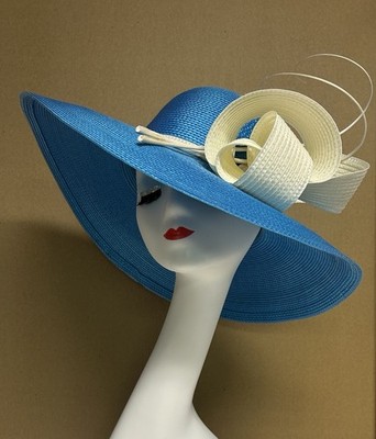 Ascot Kentucky Derby Wide Brim Aqua Blue Straw Hat w/ White Decor