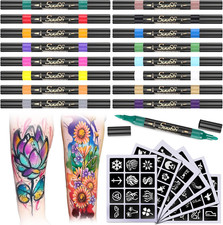 Temporary Tattoo Markers Kit, Dual-End 16 Colors with 80 Stencils for Bod