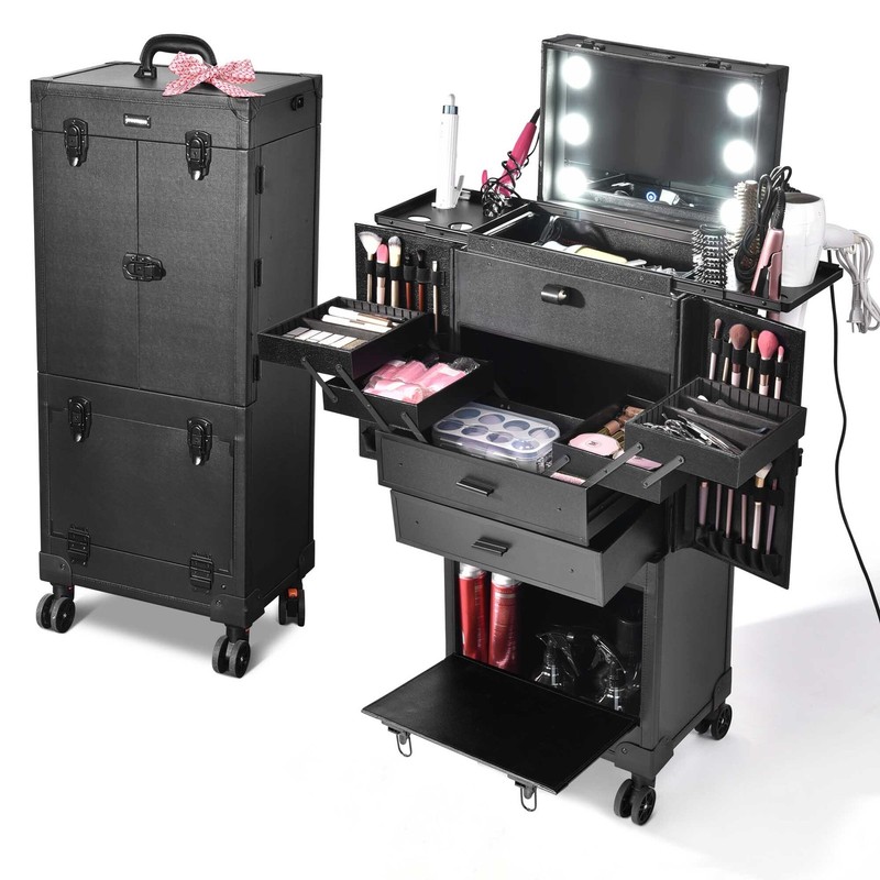 BYOOTIQUE Rolling Makeup Case Cosmetic Lights Mirror Lockable Wheel Trolley