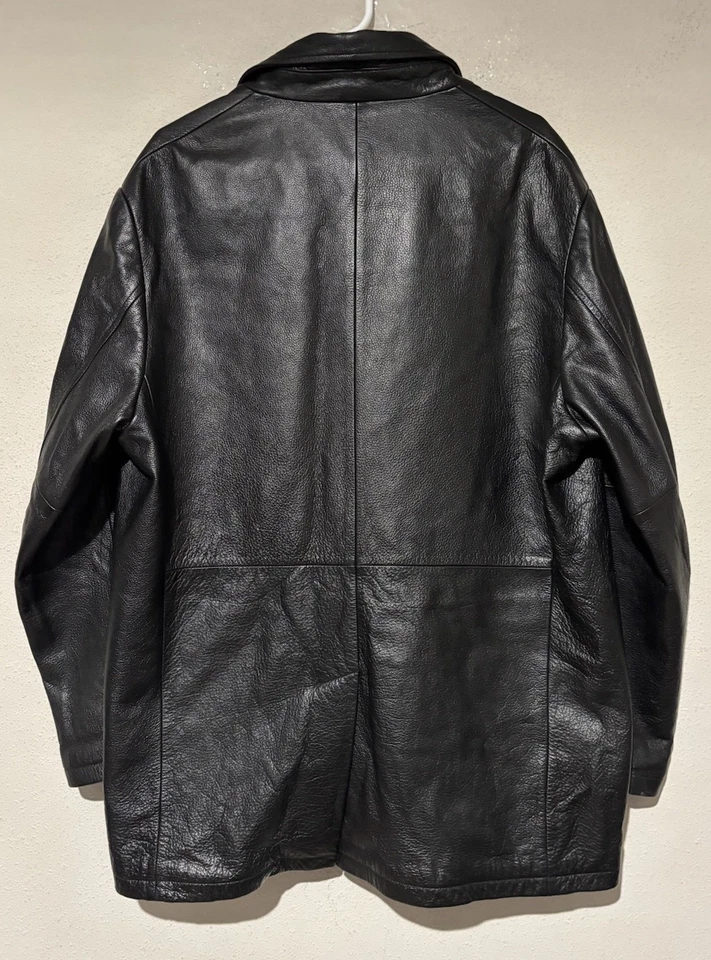 Abrigo chaqueta larga de cuero negro DKNY vintage para hombre talla XL Foto 2 de 4