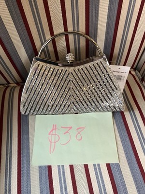 Limargeaux Silver Rhinestone Chevron Metallic Top Handle Clutch Bag