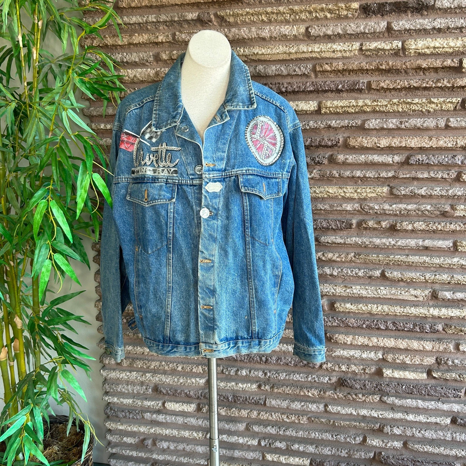 Lily Farouche Denim Jacket ReWorked Hand Painted Corvette Stingray Art to Wear - product detail image 6