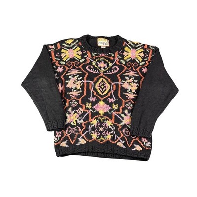 Cristal Kobe Black Floral Knit Sweater M Ramie Cotton Vintage Vintage 90s