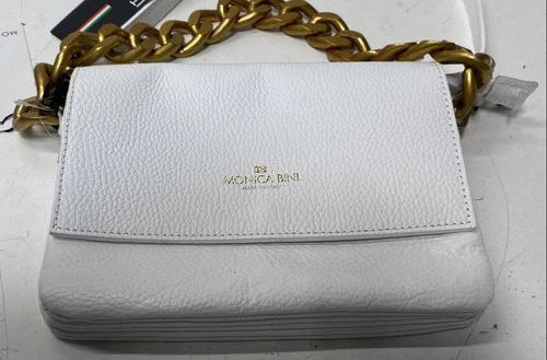 Monica Bini White Pebbled Leather Crossbody Bag Gold Chunky Chain Made Italy NWT