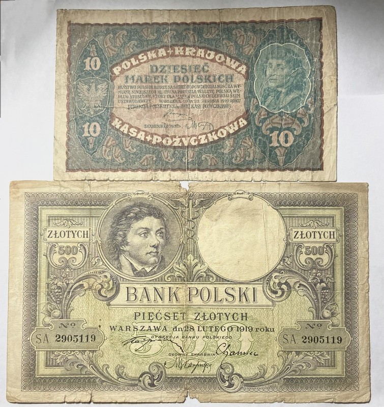 1919 Poland 10 Marek & 500 Zlotych Banknotes Combine Shipping