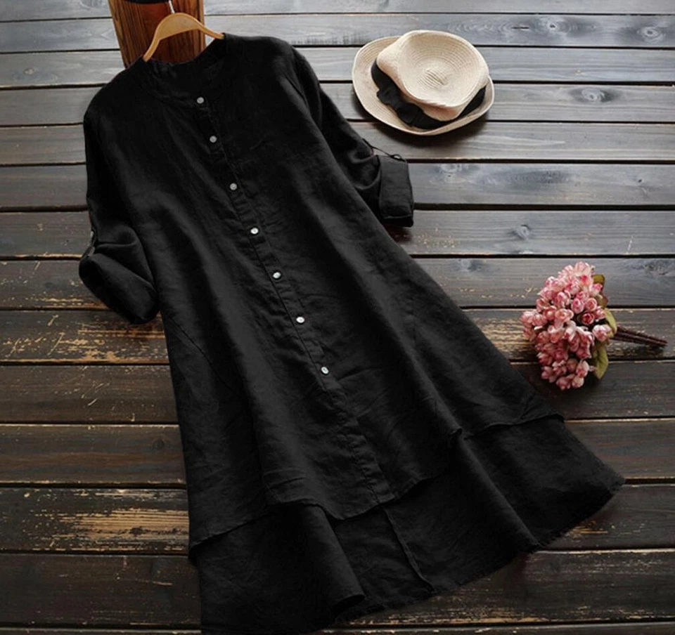 Blouse Tunic Tops Cotton Linen Women Button Casual Long Sleeve Long Shirt - Image 3 of 4