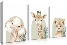 Nursery Wall Decor Set of 3, Cute Animal Lion Elephant Baby Pictures Poster P...
