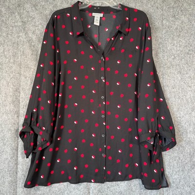 Catherines Blouse Womens 3X Black Red Apples Button Down Shirt Novelty Sheer