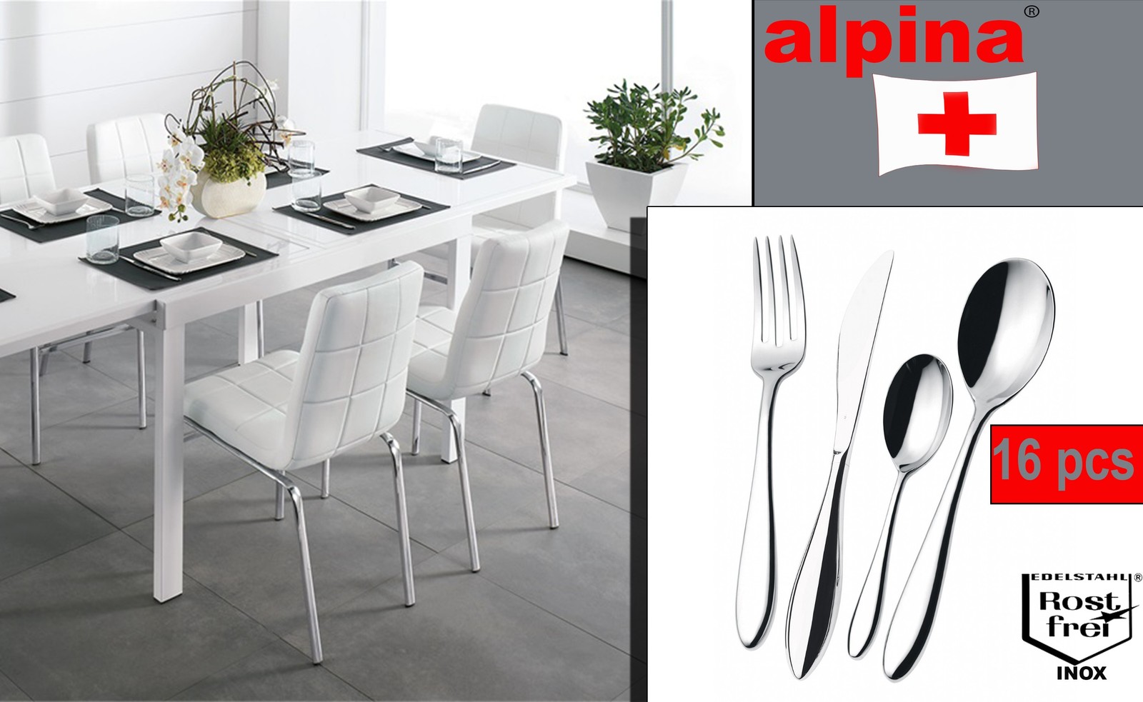 Set 16 posate in acciaio inossidabile ALPINA stoviglie moderne e raffinate accia