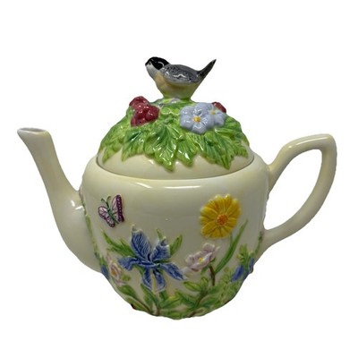 Harry & David Ceramic Limited Edition Tea Pot Bird On Lid Floral Country Y2K