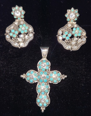 Barse sterling silver & turquoise set, pendant cross necklace & flower earrings
