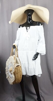 Boho Hippie Tunika Kleid offshoulder Volant Lochstickerei Weiss 38,40,42,44 Neu