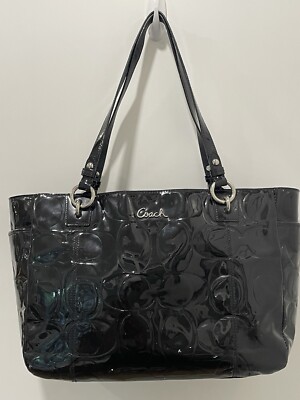 Coach Black Patent Leather Logo Handbag Shoulder Bag Purse Tote 2
