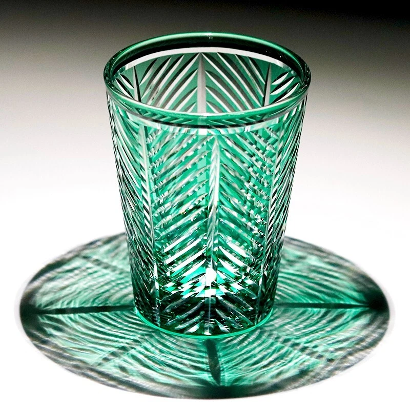 UNMARKED Edo Kiriko Hand Cut To Clear Crystal Glasses For Whiskey Vodka Water 10oz Green