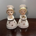 Vtg Baker Girl In Chef Hat Carrying Cake Bell Valentine Figurine Set Blue Pink