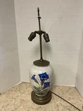 Vintage Ceramic Cracked Glaze Blue Flower Table Lamp Double Light Hand Painted