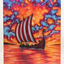 Viking Ship Original Painting Viking Longship Oil Painting Drakkar Art Vikings