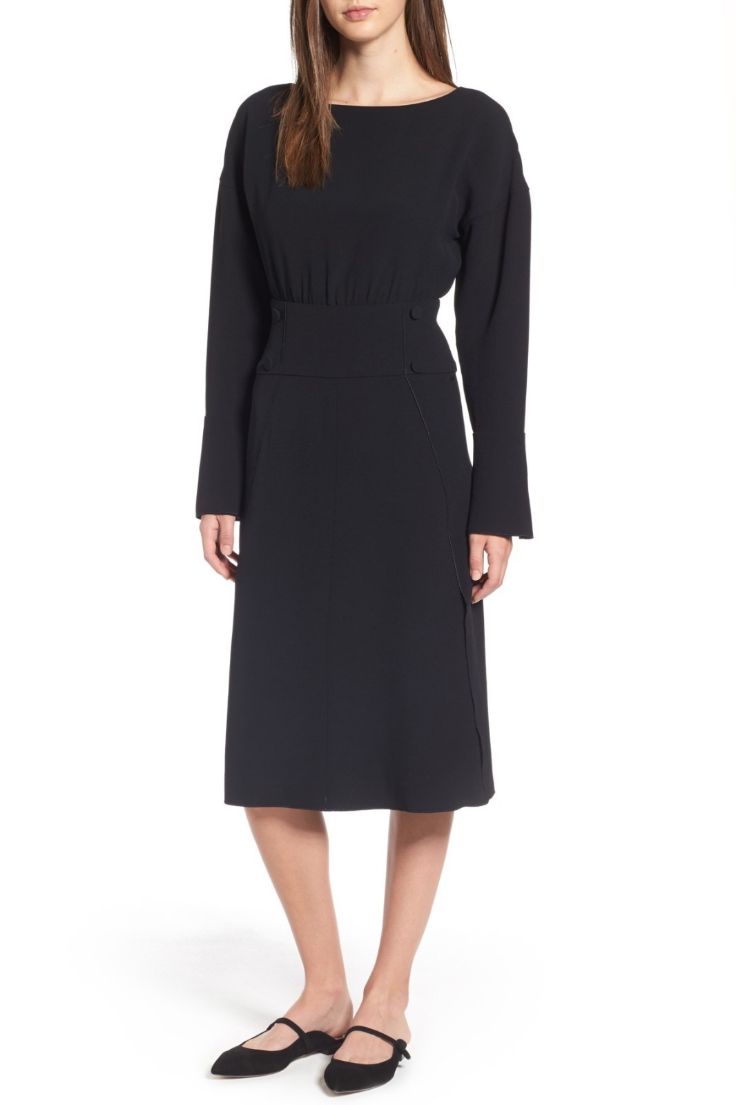 LEWIT Black Long Bell Sleeve Matte Crepe Midi Cocktail Work Dress 10 M Nordstrom