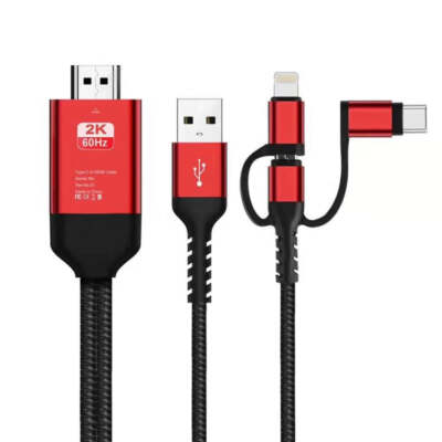 3 in 1 Micro USB + USB-C / Typ-C + 8 Pin auf HDMI HDTV Kabel (rot)