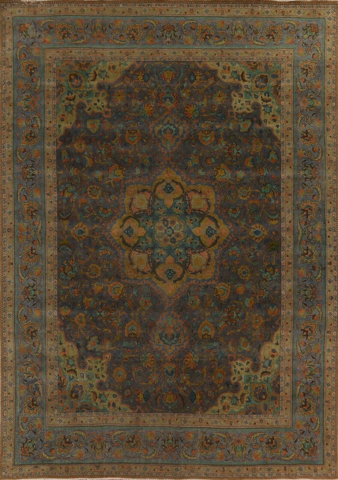 Vintage Overdyed Tebriz Floral 10x13 Area Rug Hand-knotted Low Pile Wool Carpet