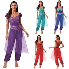 Womens Arab Princess Halloween Belly Dance Sequin Tulle Overlay Jumpsuit Costume