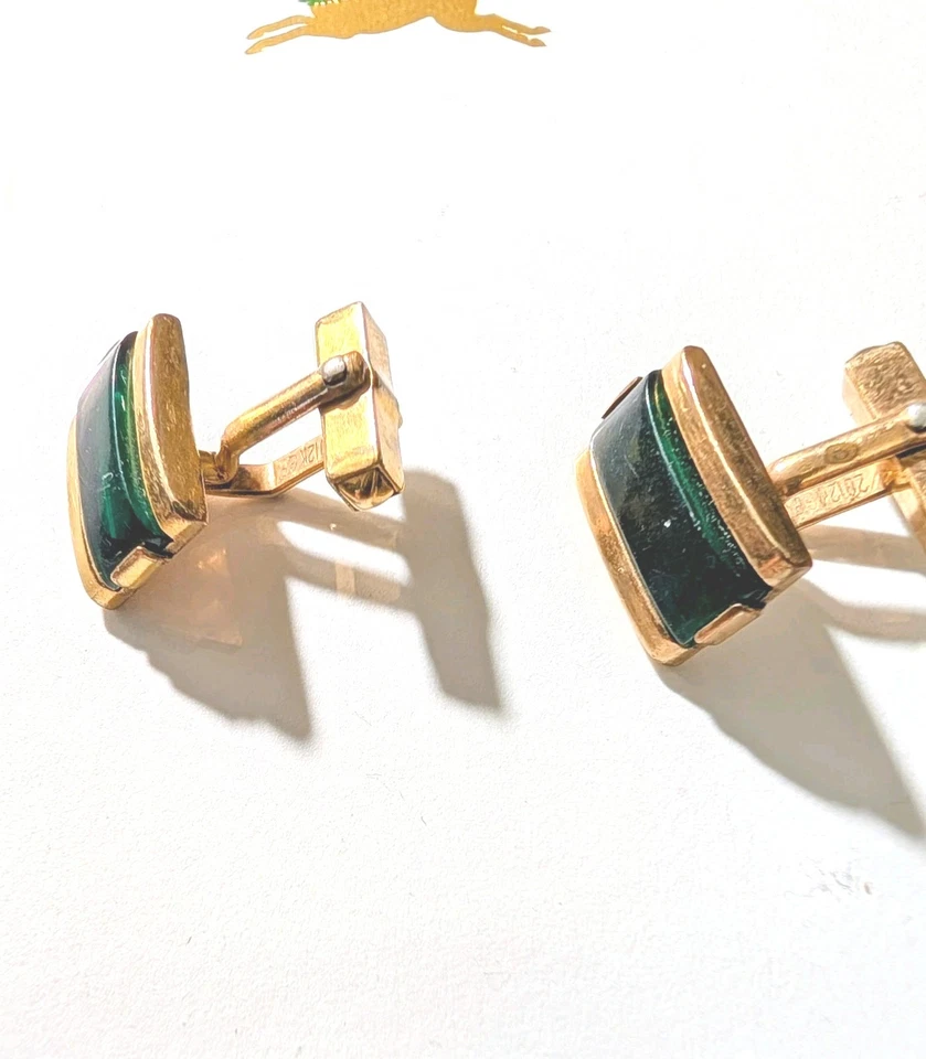 Gemelos Art Deco vintage SWANK de vidrio verde rellenos de oro 1/20 12k para hombre Foto 3 de 4