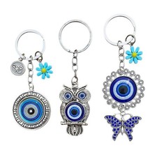 Set of 3 Awesome Evil Eye Metal Rhinestones Embedded Butterfly , Owl Keychains