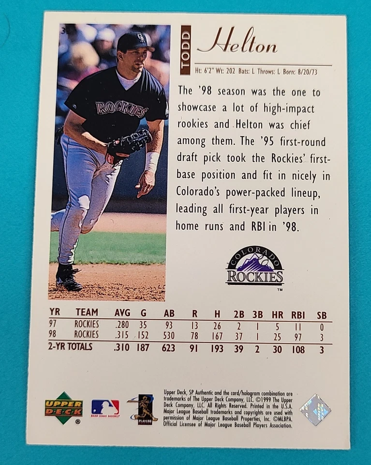 1999 SP Authentic #32 Todd Helton Colorado Rockies BASEBALL Card F7 - Image 2 of 2