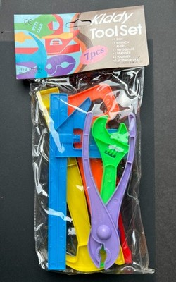 Vintage Kiddy Werkzeug Set - 7 große Kunststoff Neon Werkzeuge .. alter Lagerfund