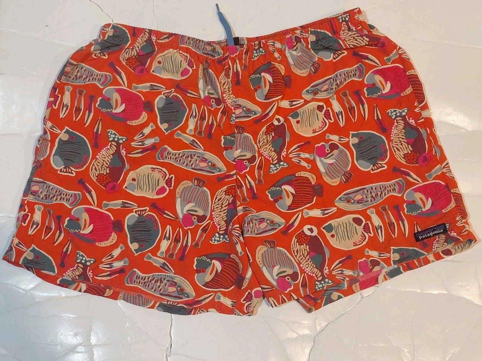 Patagonia Baggies Lined Tidal Threads Shorts Fish AOP 5" Inseam Orange Men L