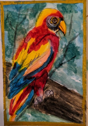 ACEO Original watercolor Painting  markers Signed Bright Colorful Parrot 