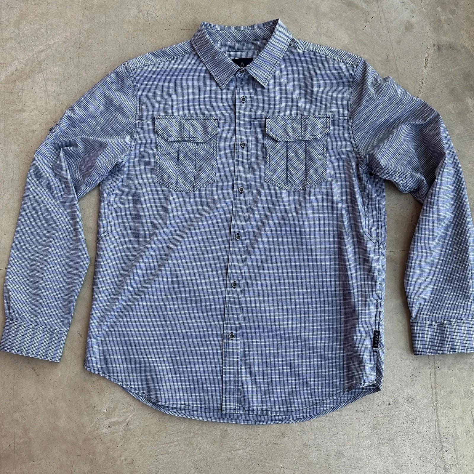 praAna Gray Mini Plaid Men's Button Down Long Sleeve Shirt. Wrinkle Free Size L