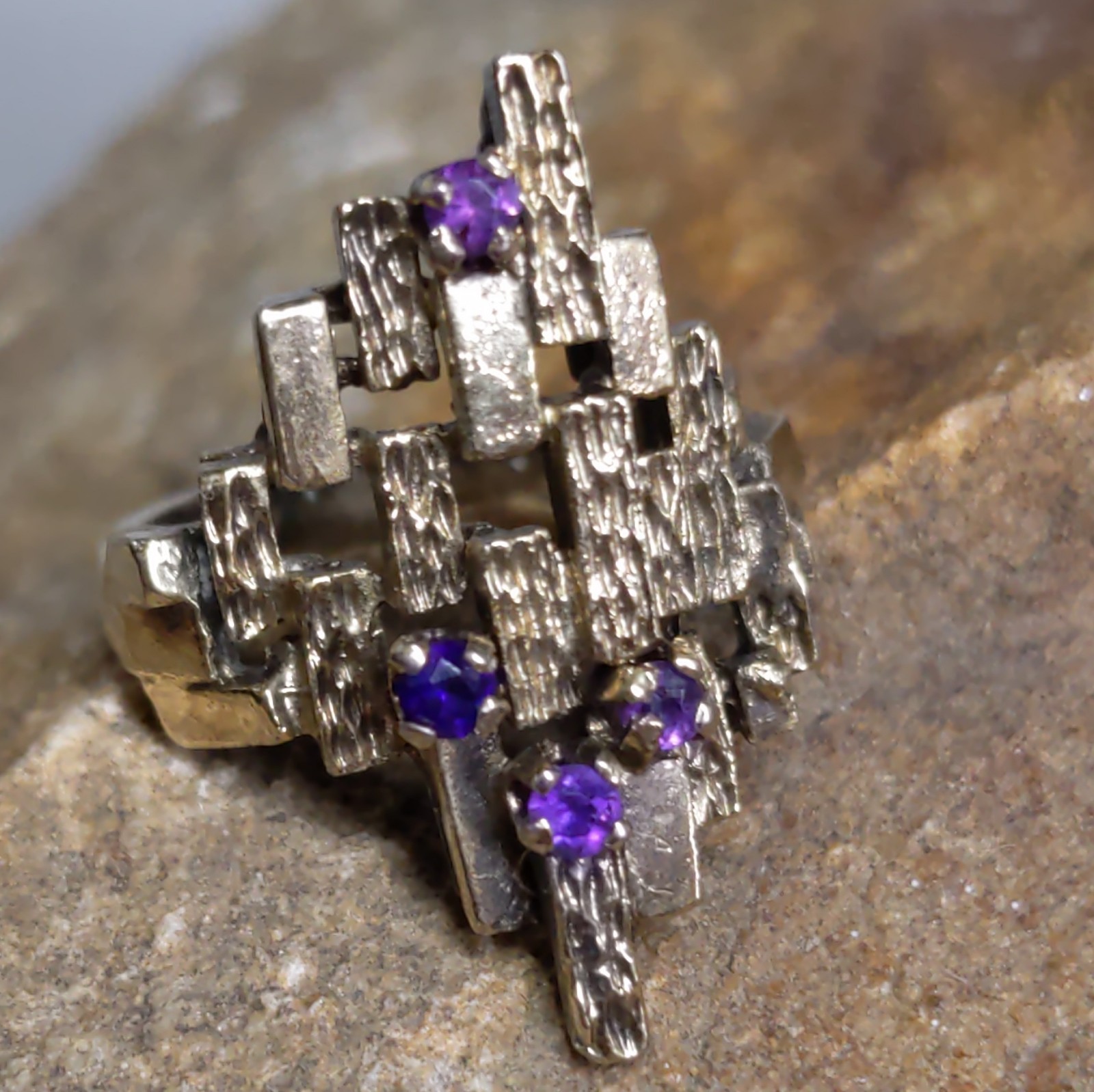 Vtg ESPO Sterling Silver Amethyst Ring Abstract Brutalist MCM Size 6 | 5.31g