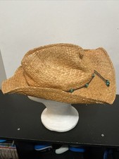 Scala Straw Western Hat with Turquoise Bead Band and Chin Strap Very Bent