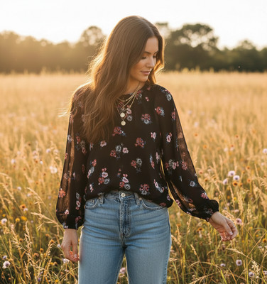Express M Top Black Floral Button Blouson Boho Fairy Whimsigoth Romantic Chic