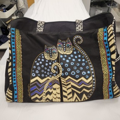Laurel Burch Cat Design Black Blue Gold Bead Accented Overnight Bag Novelty Cats