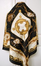 Women's Black, Gold Equestrian Designs 100 Jacquard Silk Scarf Made in Italy