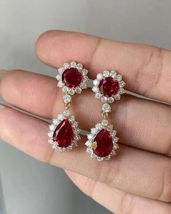 Authentic 3Ct Pear Cut Lab-Created Red Garnet Drop/Dangle Earrings 14K Yellow Gold Plated
