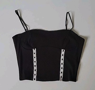 7Day Wknd Cropped Rib Knit Cami Tank Top Large Lace Trim Cottage Coquette Retro