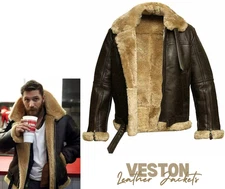 Men Aviator Brown RAF B3 Flying Pilot Bomber Shearling Fur Real Leather Jacket