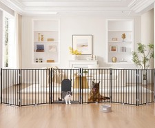 No Pawblems Freestanding Dog Gate with Cat Door for Indoor  Outdoor,Black